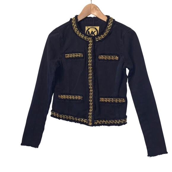 Michael Kors Jacket Womens 2 Black Denim Gold Chain Fringe Designer Short Blazer - Picture 5 of 9